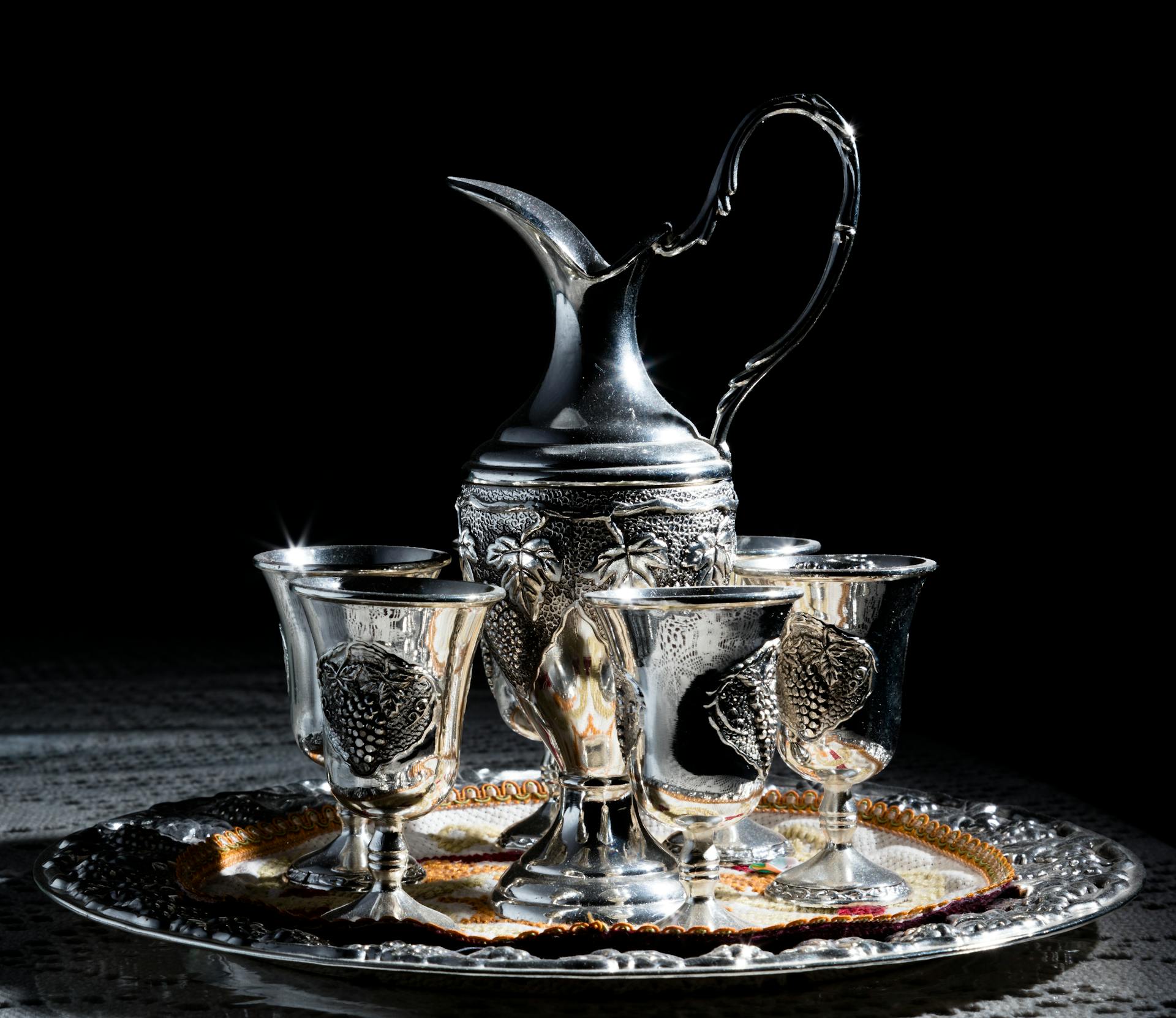 Silver Antique jug and cups and tray
